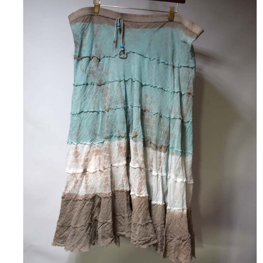 Andi + James Medium Aqua Taupe Tie Dye Tiered Cotton Boho Maxi Skirt